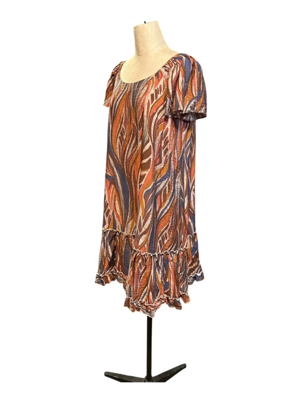 Robbie Bee Boho Mini Dress Earth Tone Abstract Print Ruffle Hem Flowy Size L - Picture 3 of 8